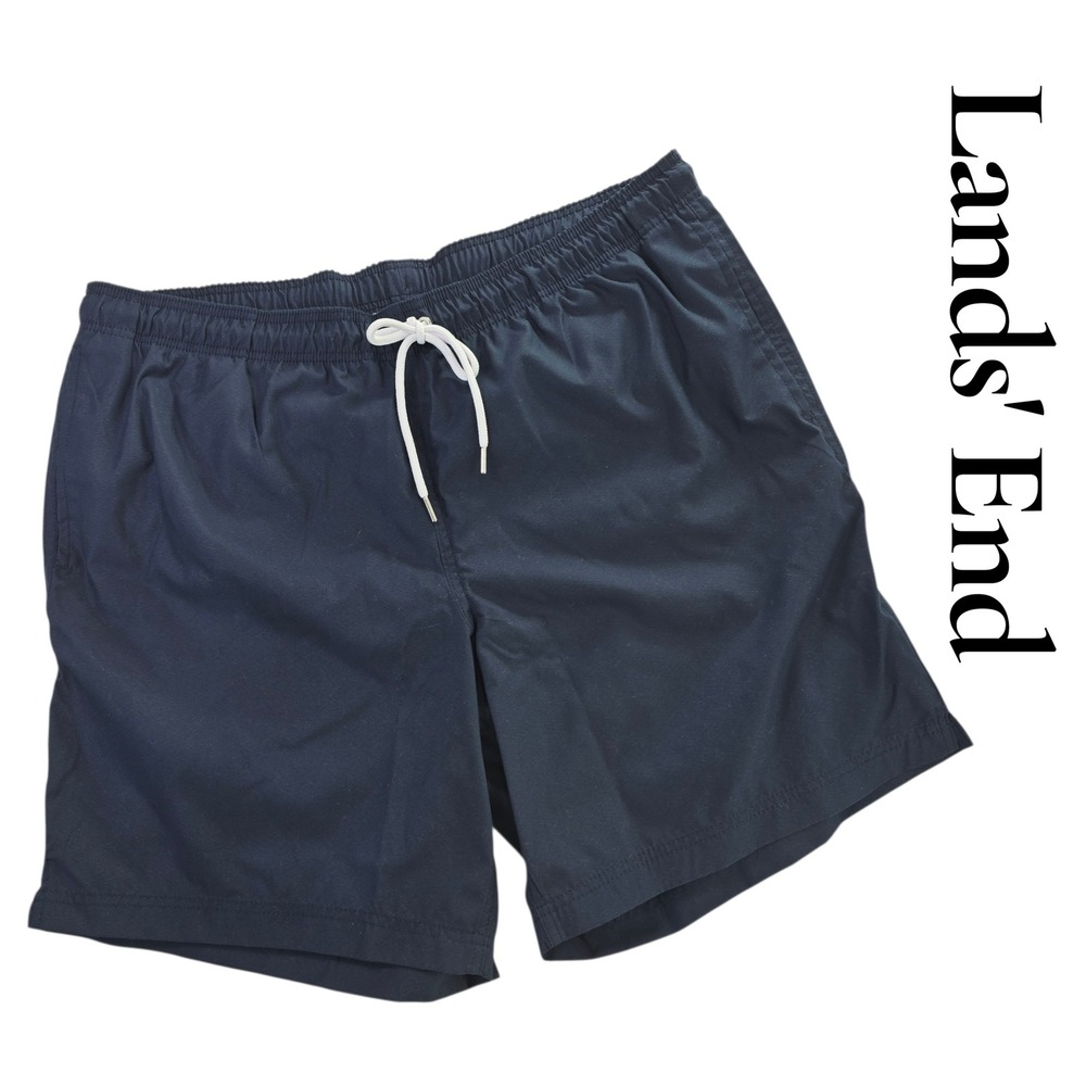 Lands' End Swim Trunks Mens XL Navy Blue Polyester Classic Mesh Liner Shorts